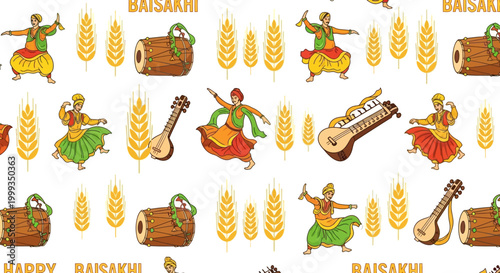 Festive Vaisakhi celebrations come alive in this seamless pattern featuring Punjabi dancers, traditional musical instruments, and wheat stalks against a clean white backdrop, radiating