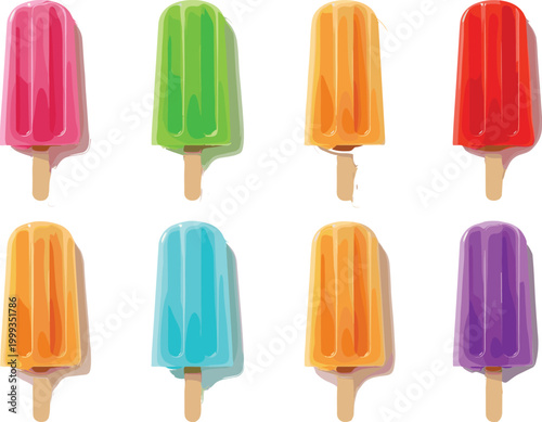 Colorful ice cream popsicles set with glossy melting effect summer frozen dessert collection bright fruity flavors vector illustration isolated