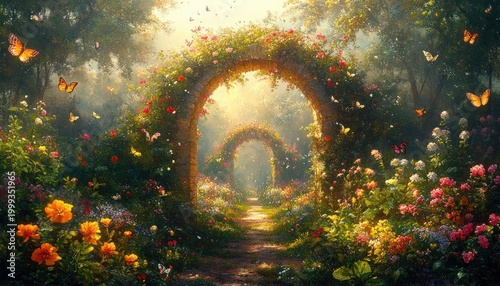 Sunlit stone archways over a winding flower-lined garden path with butterflies, blooming roses and wildflowers, dappled forest light evoking an enchanted peaceful mood