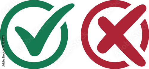Green check mark and red cross in circle symbols correct incorrect approval rejection validation concept simple flat vector illustration isolated background