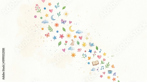 Numerous cheerful watercolor elements like hearts birds and flowers gently cascade diagonally