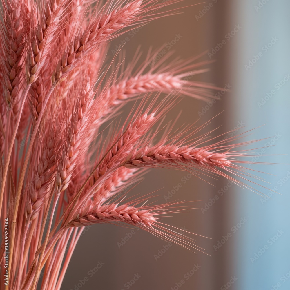 Obraz premium Modern pink wheat ears in a cluster against a warm amber haze background for agricultural marketing, autumn harvest festival banners and interior decor websites