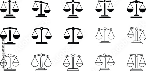 Justice balance scale icons collection set for law and legal equality concept, courtroom symbol vector illustration