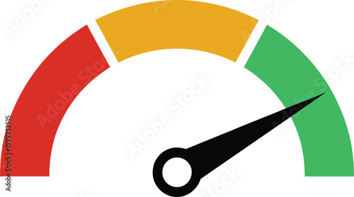 Performance gauge meter with red yellow green scale and needle indicator, business rating evaluation concept, analytics dashboard measurement vector illustration isolated