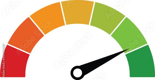 Performance speedometer gauge with green to red rating scale, dashboard meter indicator, business evaluation concept illustration