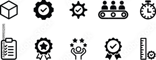 Quality control and assurance icon set with checklist verification productivity standards and performance management symbols collection