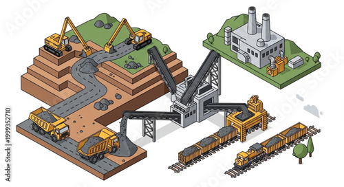 Industrial mining and processing plant with heavy machinery.