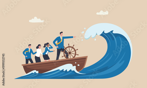 Courage, challenge or risk taker concept, businessman captain point finger to lead team sailing boat to survive big wave storm