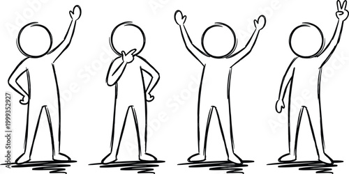 Set of stick figure gestures showing thinking, greeting, celebration, and victory signs, human emotions and actions in minimal hand drawn line illustration style