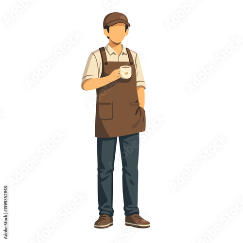 Barista Holding Coffee Cup – Labour Day Worker Illustration, Coffee Shop Employee Character, Minimalist Flat Vector, Service Industry and Small Business Concept