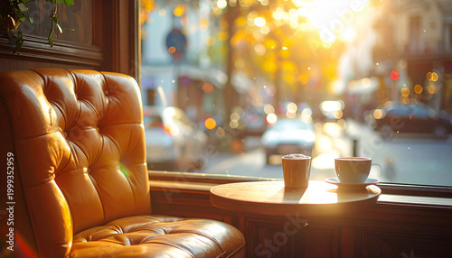 Comfortable leather armchair by the window in a cozy cafe
