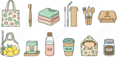 Zero waste lifestyle and eco-friendly products vector set featuring sustainable household items and plastic-free alternatives.
