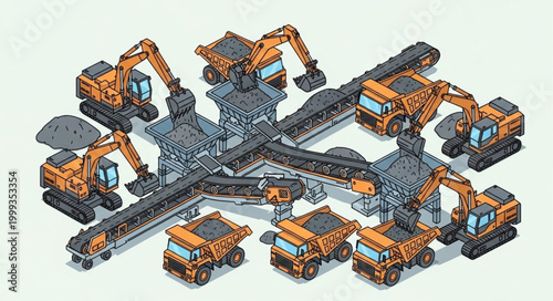 Industrial mining operation with excavators and trucks.