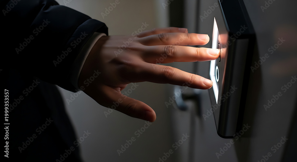 Naklejka premium Close-up of a human hand pressing an illuminated button on an access control panel, symbolizing modern security and technological entry