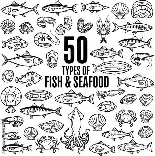 50 Types of Fish and Seafood: Hand-Drawn Outline Icons Vector Collection of Marine Life, Mollusks, Crustaceans, and Finfish, Isolated on White Background.
