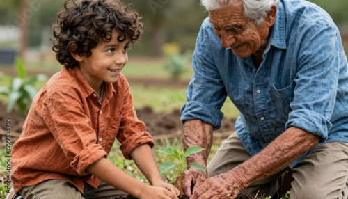 A child and an elderly man planting together.