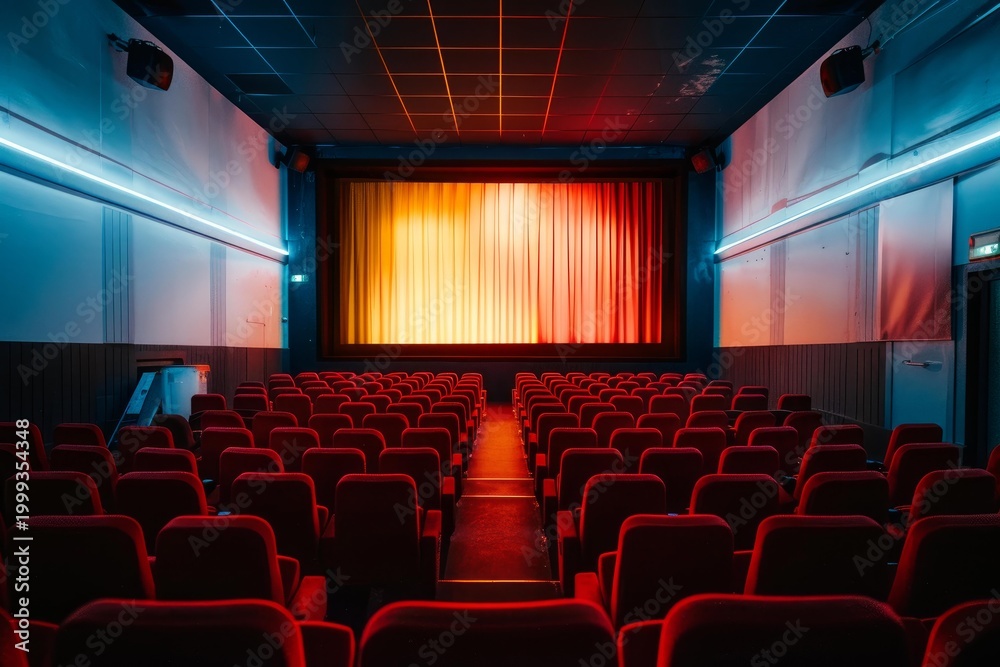 Fototapeta premium Rows of red seats in an empty cinema auditorium are waiting for viewers to come watch a movie