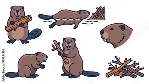 Foto Beaver Cartoon Set Swimming Carrying Branch and Building Dam