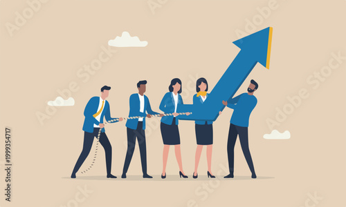 togetherness support each other to achieve business goal concept, group of businessmen and women office workers help and support to pull arrow rising up