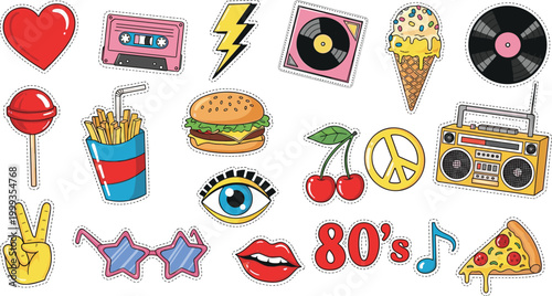 
Retro Eighties Pop Style Sticker Set with Burger Vinyl Record Boombox Ice Cream Cherry and Nostalgic Elements