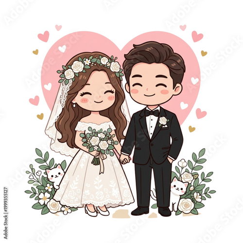 Cute Chibi Wedding Couple Illustration with White Cats and Floral Decor