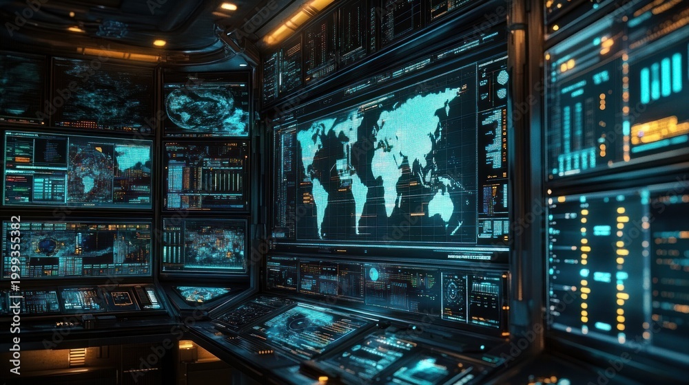 Naklejka premium Dim futuristic command center filled with glowing monitors, large world maps, dense data charts and control panels, emitting a tense, focused high-tech operational atmosphere