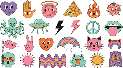 Retro Groovy Psychedelic Sticker Set with Octopus UFO Skull Cat Frog Rainbow Pyramid and Mystic Elements
