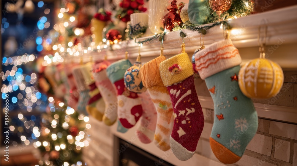 Fototapeta premium Colorful Christmas Stockings Hanging on a Festive Mantel Surrounded by Twinkling Lights and Holiday Decorations
