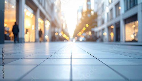Modern urban street scene with tiled pavement and golden sunset bokeh background