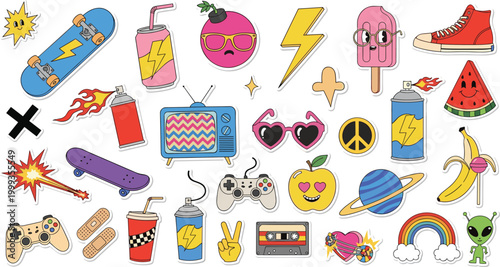 Retro Groovy Nostalgic Sticker Set with Skateboard TV Gamepad Ice Cream Planet Alien and Pop Culture Elements