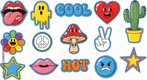 
Retro Groovy Cool and Hot Sticker Set with Ghost Mushroom Heart Cactus Peace Lips and Cartoon Elements