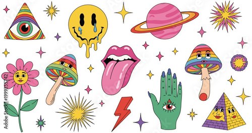 Retro Groovy Psychedelic Sticker Set with Trippy Mushroom Smiley Face Planet Eye and Mystic Elements