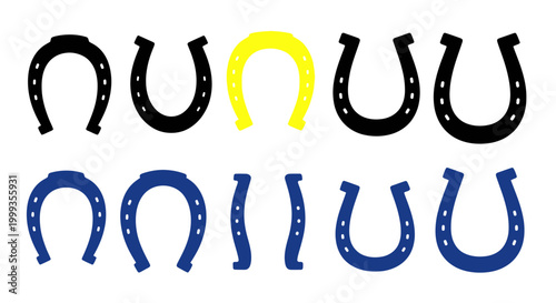 Set of Horseshoes, Black, Yellow, Blue, Isolated on White Background