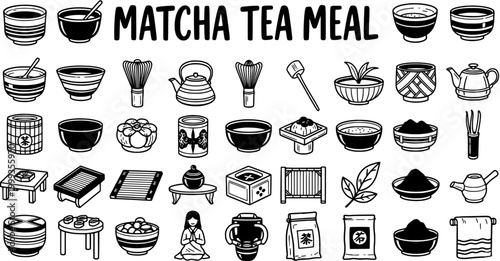 Matcha Tea Meal Icon Set: Japanese Green Tea Ceremony Tools, Bowls, Sweets, and Utensils Collection