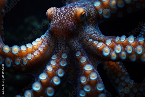 Close-up of a curious octopus with textured skin and glowing blue-ringed tentacles reaching through dark water, evoking mystery and wonder