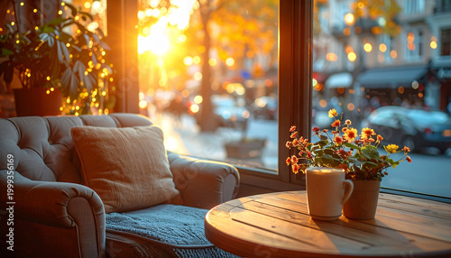 Cozy cafe window seat with coffee mug and flowers at sunset