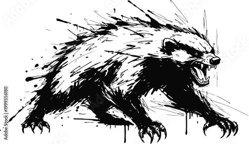 Aggressive badger illustration with dynamic ink splatter effect, snarling wild animal in black and white