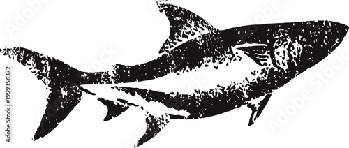 Vintage illustration of a shark silhouette with textured effect in black and white
