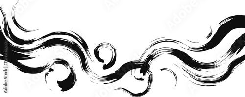 Abstract black wave swirls and circles brush stroke design on white background