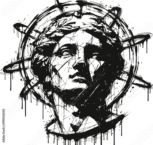 Abstract black ink illustration of a classical statue head with laurel wreath and radial lines