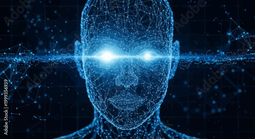 Glowing AI Head Wireframe with Digital Network and Futuristic Eyes