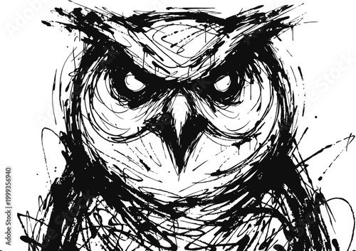 Owl sketch drawing with intense gaze hand drawn monochrome ink illustration, wildlife bird art concept
