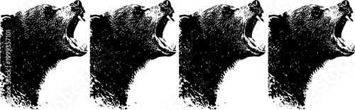 roaring bear silhouette repeated four times in black and white high contrast pattern
