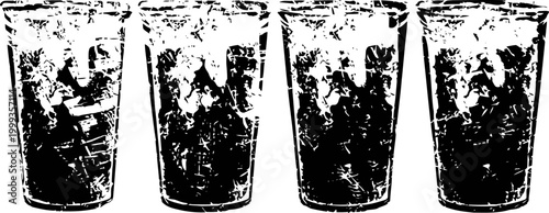 Four glasses filled with iced cold drink with lemon slices on white background