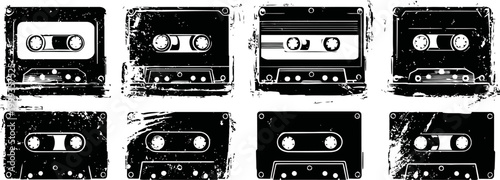 vintage cassette tapes collection grunge black and white design with worn textures, retro music media concept