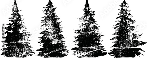 Grunge pine tree silhouettes set black distressed fir trees with textured brush strokes forest nature decorative elements