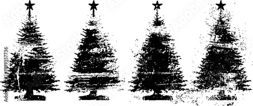 four stylized christmas trees with star toppers in black and white silhouette