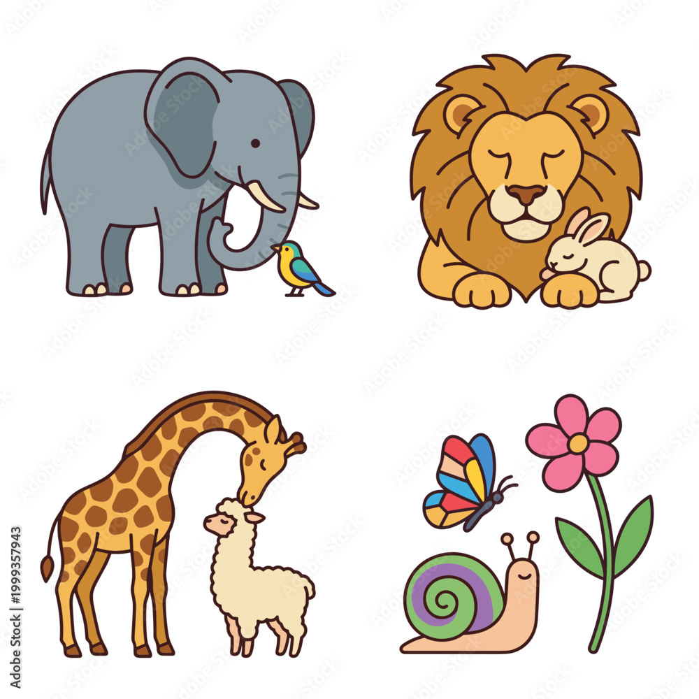 Fototapeta premium Cute Animal Characters Set Featuring Elephant with Bird, Lion with Rabbit, Giraffe with Alpaca, and Snail with Butterfly Vector Illustration