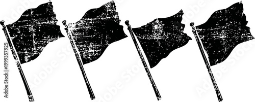 Set of four vintage waving flags with grunge texture on white background