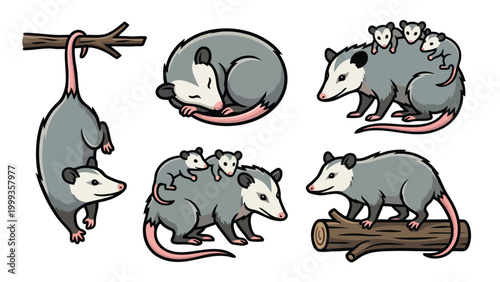 Opossum set with babies and climbing poses wildlife illustration isolated on white background